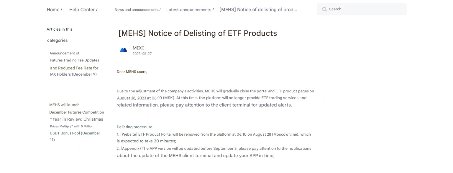 MEXC's announcement on delisting of TsKP